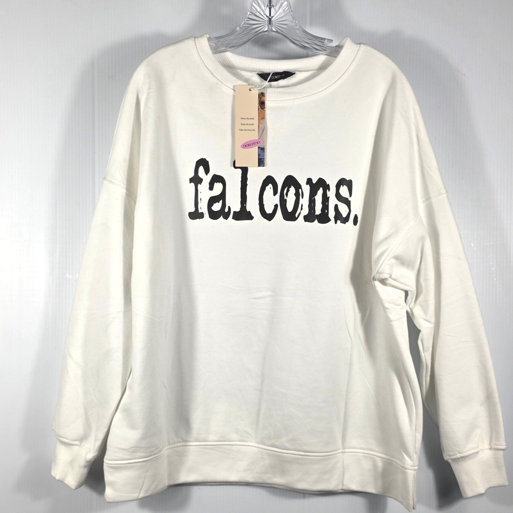 Dokotoo White Falcons Graphic Crew Neck Sweatshirt Long Sleeve Pullover NEW